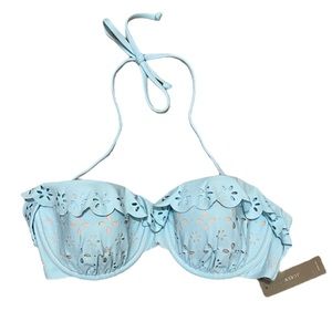 J. Crew 34C Light Blue Bikini Top Scalloped Laser Cut Ruffle NWT!